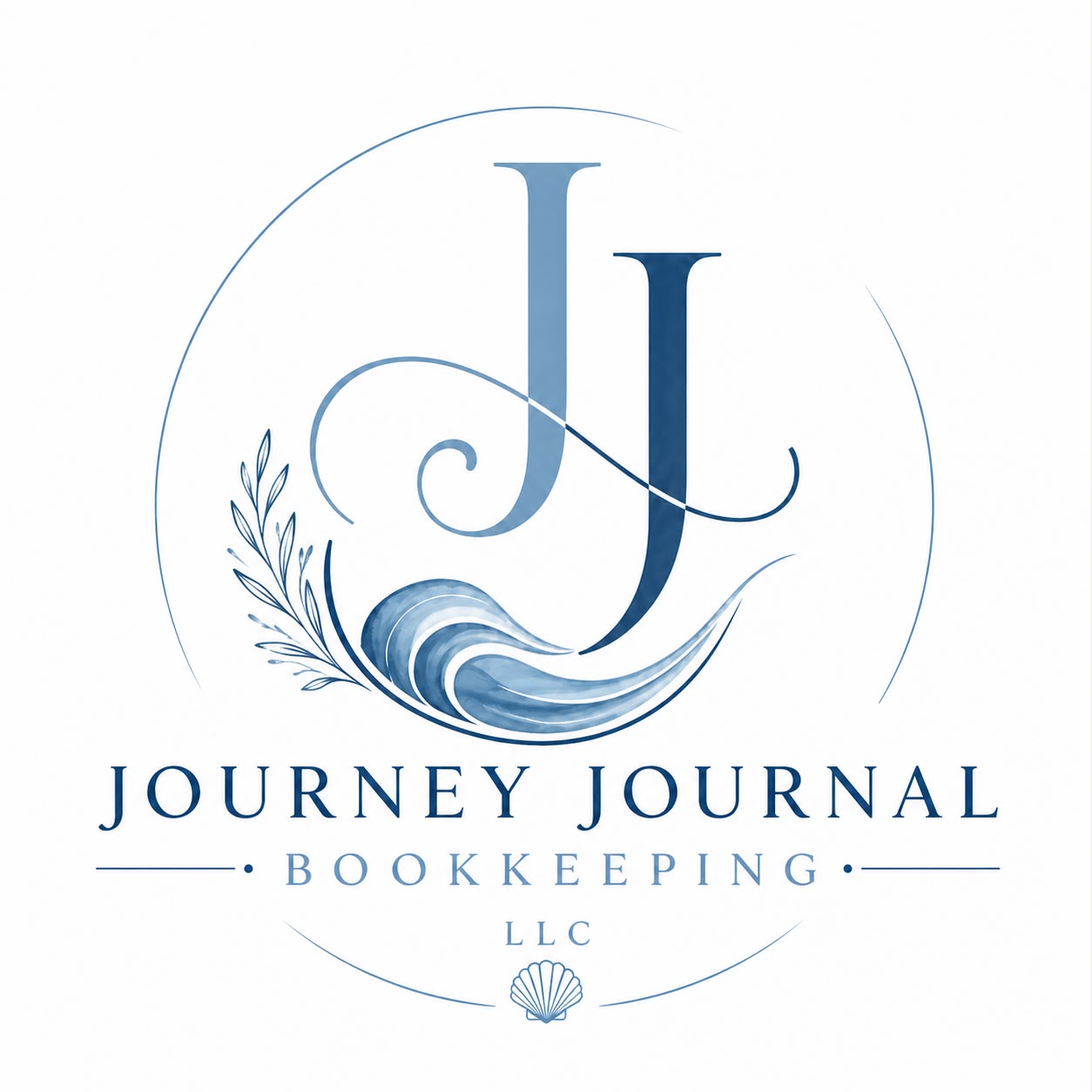 Journey Journal Bookkeeping LLC logo with a blue JJ monogram and ocean wave